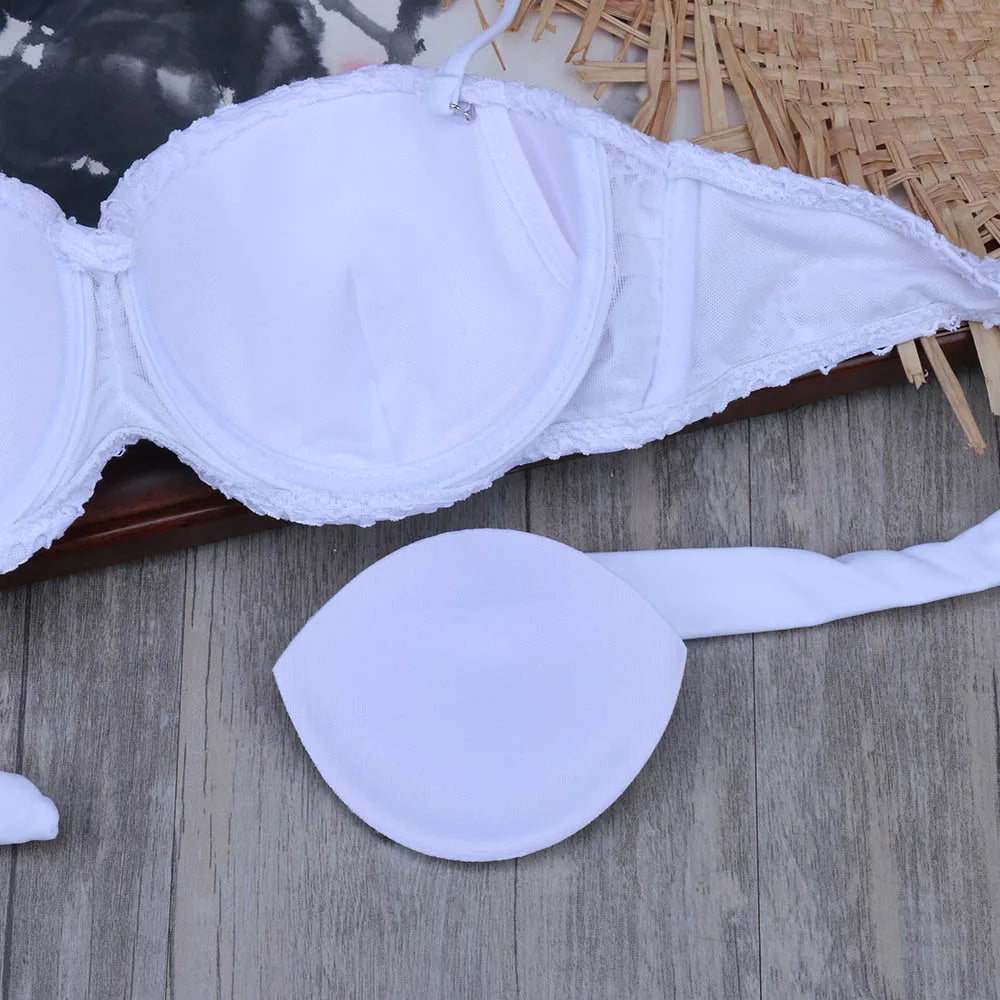 Bikini Solid Strappy Bandage Bikinis Set White Push Up Bikini Swimwear Bandeau Brazilian Swimsuit Bathing Suit Maillot De Bain - Sun Studio