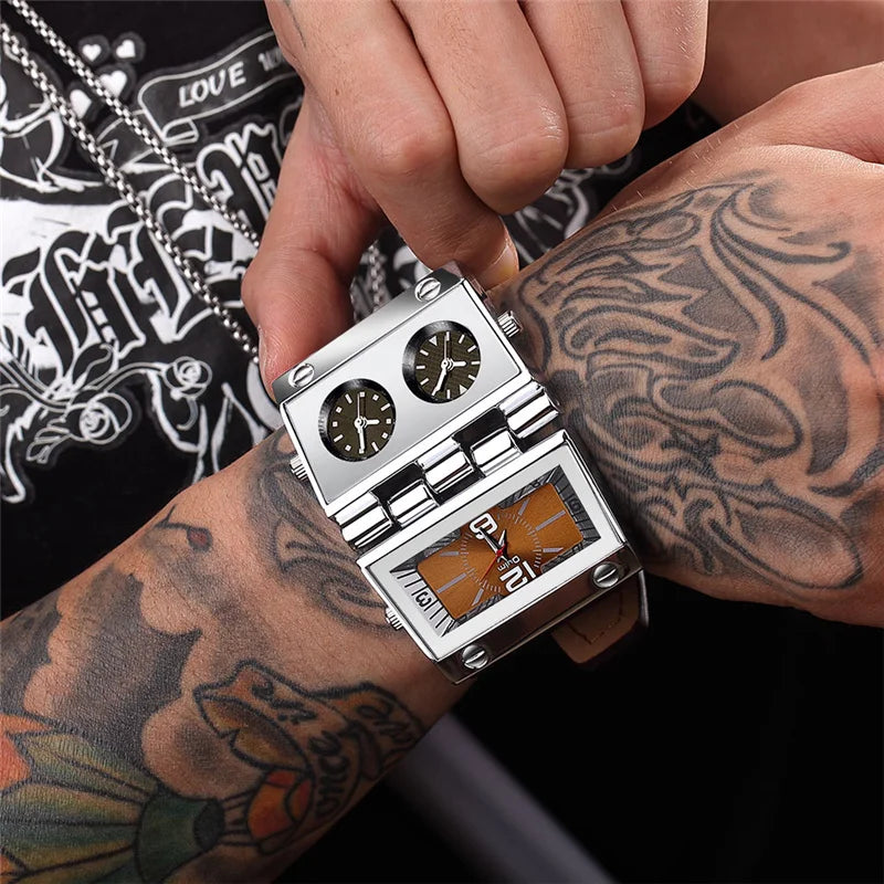 OULM 9525 Big Unique Design Male Watch Three Time Zone Unique Men's Military Watches Punk Style Leather Strap Wristwatch - Sun Studio