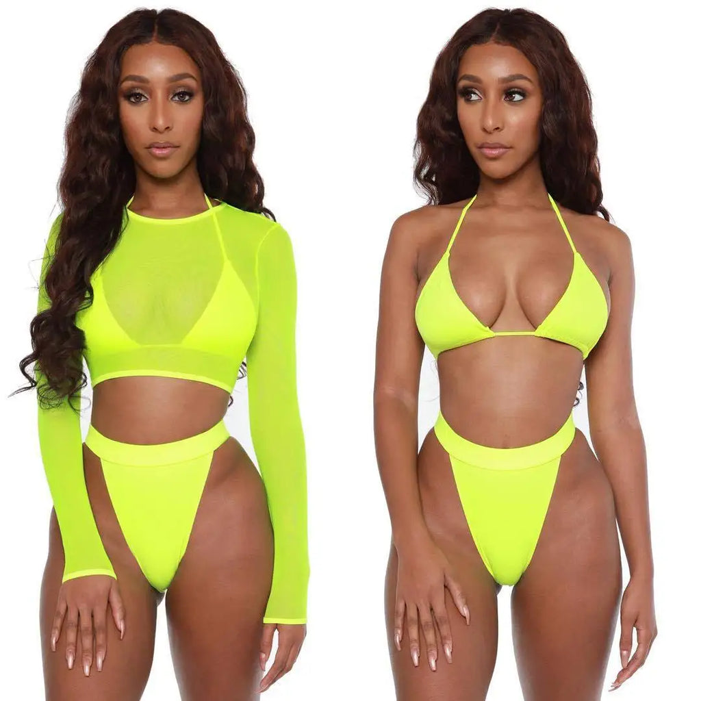 2024 Neon Yellow Crop Top Swimwear Women Summer Sexy Beachwear Mesh Long Sleeve Cover Ups Top Three Piece Swimsuit Bikini Set - Sun Studio