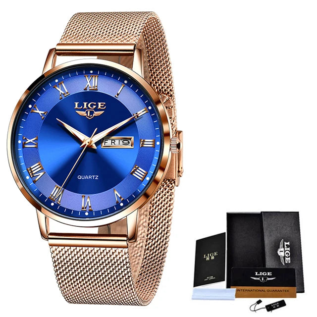 LIGE Fashion Women Watch Top Brand Luxury Ultra-Thin Mesh Watch For Women Casual Sport Quartz Date Chronograph Watches Feminino - Sun Studio