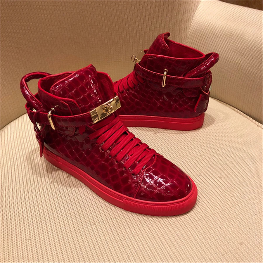 High-Top Sneakers Men Embossed Metal Lock Lace Red Metal Cow Leather Fashion Platform Casual Shoes High Quality - Sun Studio