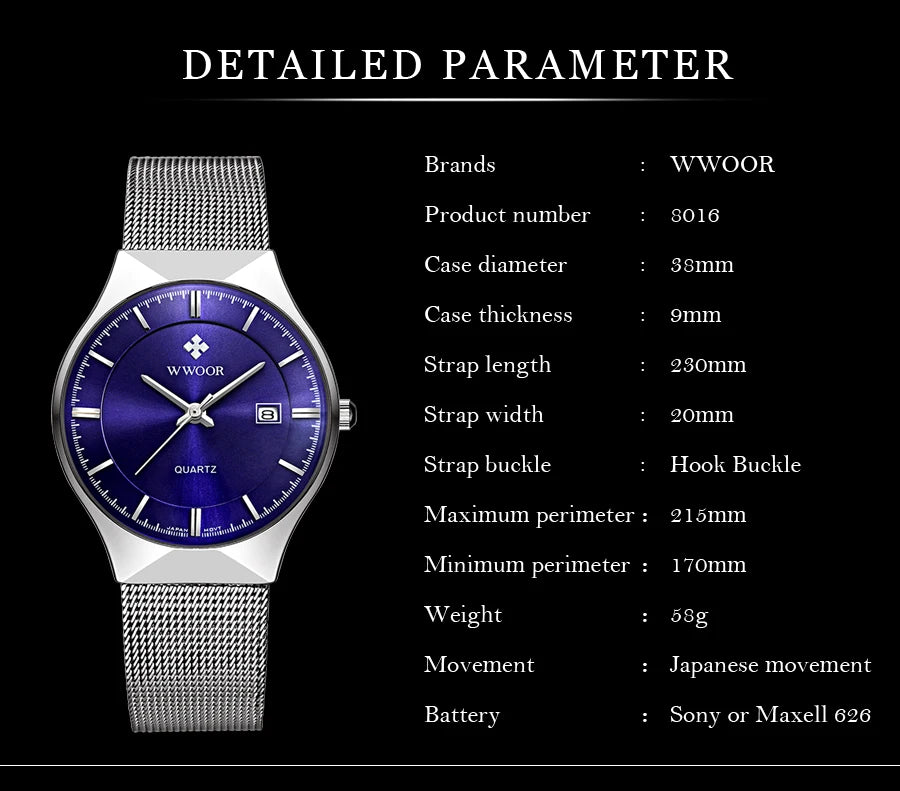WWOOR Mens Watches Ultra-thin Quartz Auto Date WristWatch Men Top Brand Luxury Stainless Steel Business Waterproof Reloj Hombre - Sun Studio