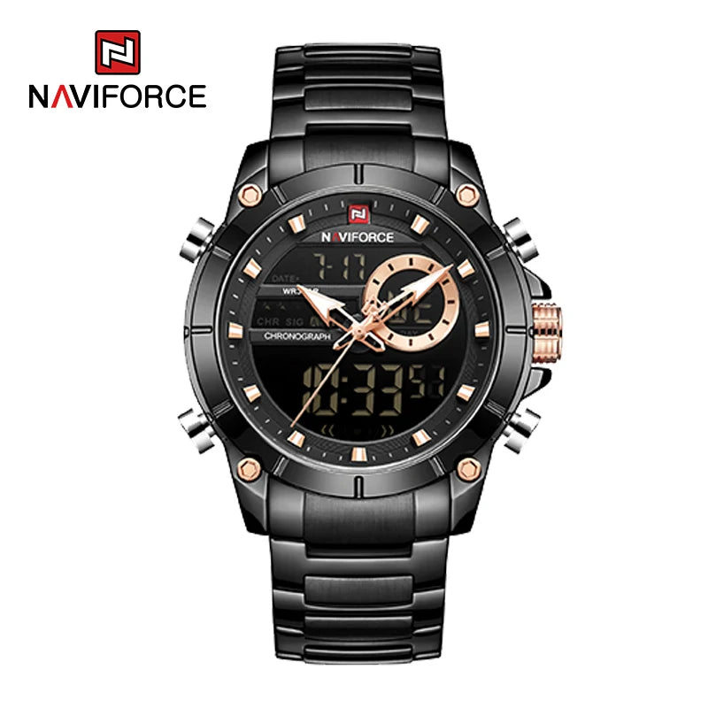 Luxury Brand NAVIFORCE Sport Watches For Men Fashion Gold Quartz WristWatch Steel Band Digital Chronograph Waterproof Clock 9163 - Sun Studio