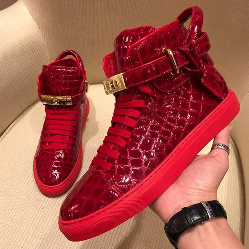 High-Top Sneakers Men Embossed Metal Lock Lace Red Metal Cow Leather Fashion Platform Casual Shoes High Quality - Sun Studio