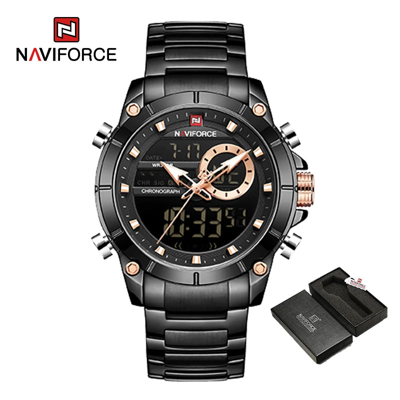 Luxury Brand NAVIFORCE Sport Watches For Men Fashion Gold Quartz WristWatch Steel Band Digital Chronograph Waterproof Clock 9163 - Sun Studio