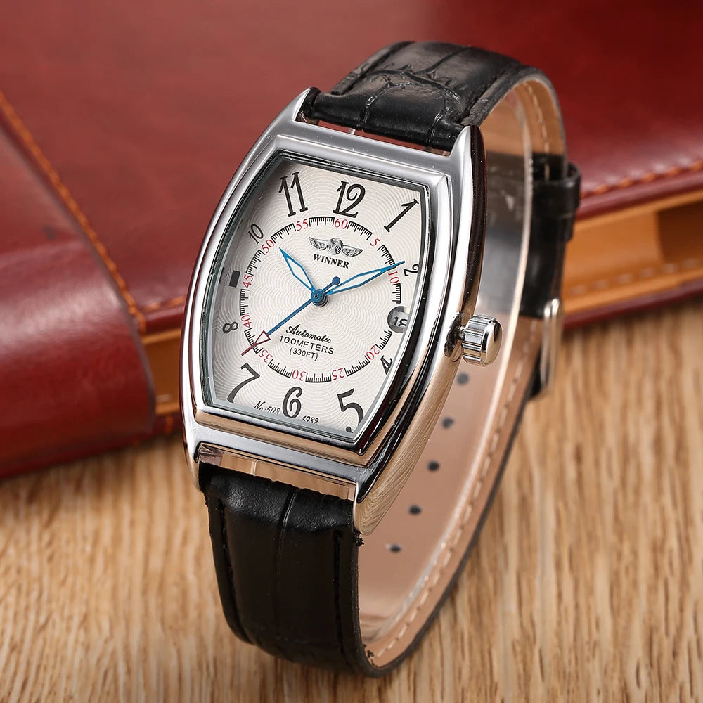 Classic Mens Watches Top Luxury Tonneau Case Automatic Wristwatches Vintage Leather Strap Auto Date Mechanical Retro Male Clock - Sun Studio