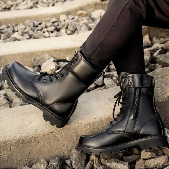 Steel Toe Men Boots Leather Safety Shoes for Men Spring Fashion Lace Up Black Ankle Platform Motorcycle Boots - Sun Studio