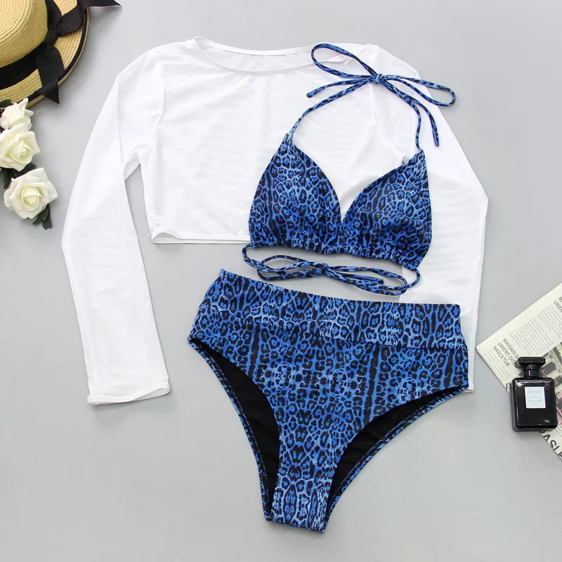 2024 Neon Yellow Crop Top Swimwear Women Summer Sexy Beachwear Mesh Long Sleeve Cover Ups Top Three Piece Swimsuit Bikini Set - Sun Studio