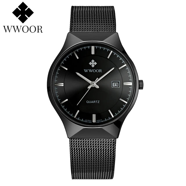 WWOOR Mens Watches Ultra-thin Quartz Auto Date WristWatch Men Top Brand Luxury Stainless Steel Business Waterproof Reloj Hombre - Sun Studio