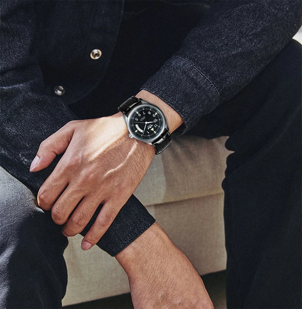 WINNER Business Automatic Watch for Men Fashion Calendar Window Black Dial Casual Leather Strap Luxury Brand Mechanical Watches - Sun Studio