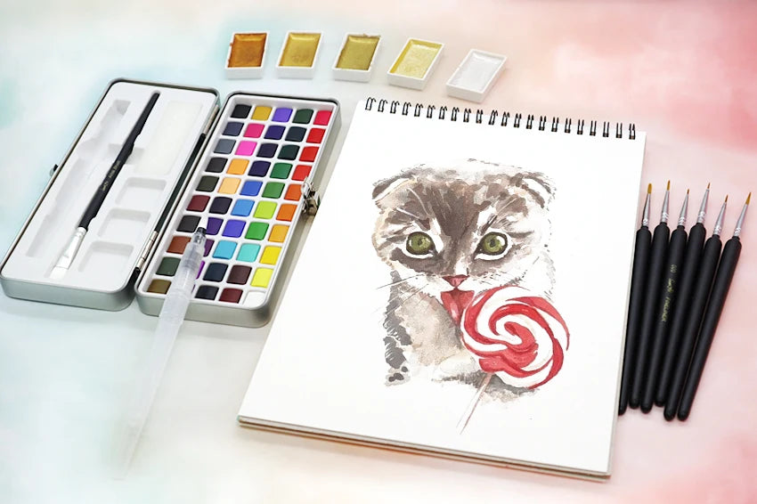 SeamiArt 50Color Solid Watercolor Paint Set Portable Metal Box Watercolor Pigment for Beginner Drawing Watercolor Paper Supplies - Sun Studio