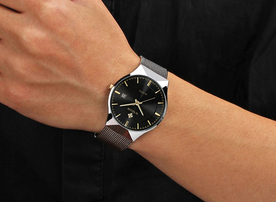 WWOOR Mens Watches Ultra-thin Quartz Auto Date WristWatch Men Top Brand Luxury Stainless Steel Business Waterproof Reloj Hombre - Sun Studio