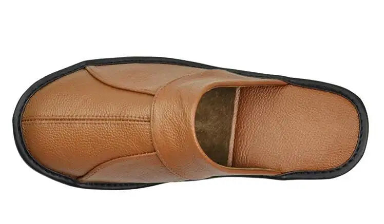 Men's Luxury Cow Split Leather Handmade Men Home Slippers Spring Slip on Soft Comfortable Black Brown Bedroom Indoor Flat Shoes - Sun Studio