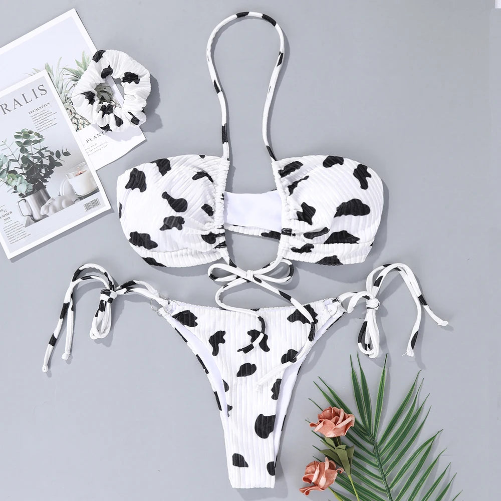 Vigorashely Sexy Halter Bikini Set 2026 Cow print Swimsuit Women Push Up Swimwear Summer BeachWear Brazilian Tied Bathing Suit - Sun Studio