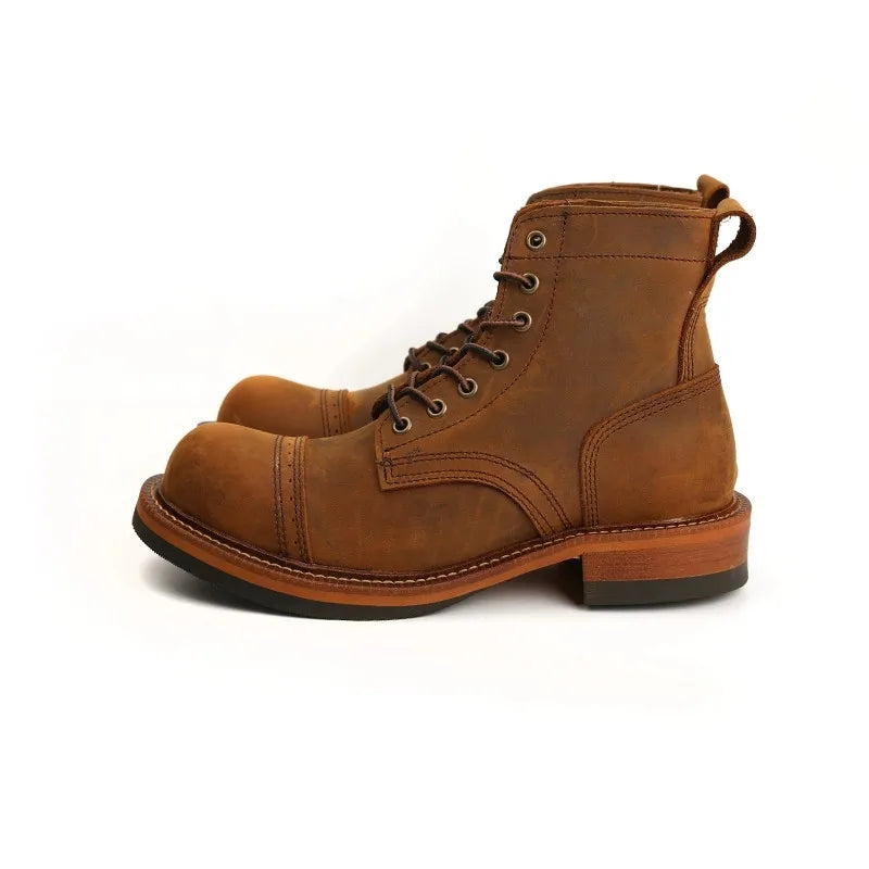 New Japanese Vintage Designer Handmade Tooling Men Casual Shoes Cow Leather Round Toe Wings Ankle Boots Motorcycle Boots Winter - Sun Studio