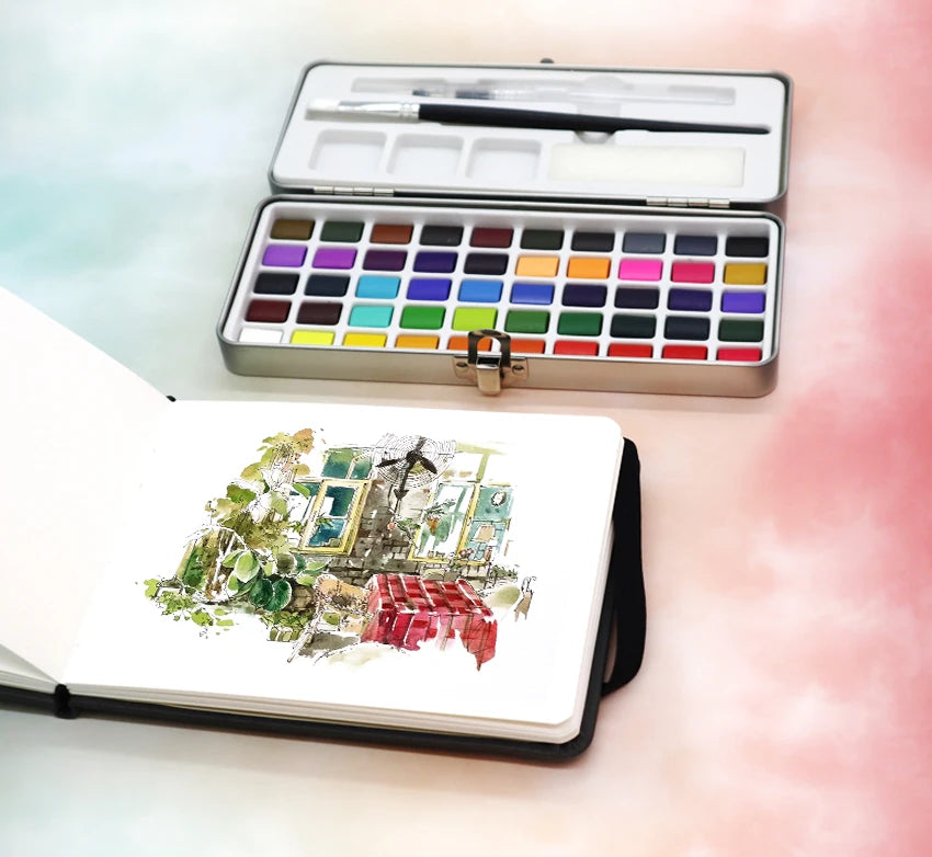 SeamiArt 50Color Solid Watercolor Paint Set Portable Metal Box Watercolor Pigment for Beginner Drawing Watercolor Paper Supplies - Sun Studio
