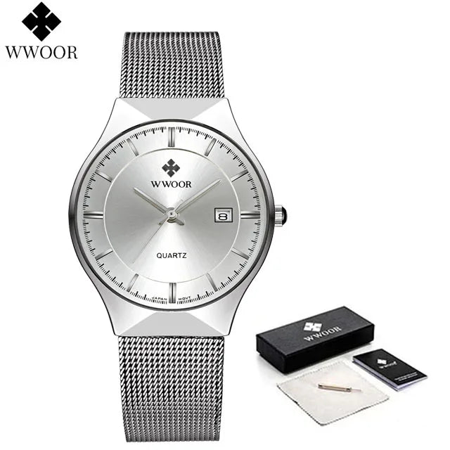 WWOOR Mens Watches Ultra-thin Quartz Auto Date WristWatch Men Top Brand Luxury Stainless Steel Business Waterproof Reloj Hombre - Sun Studio