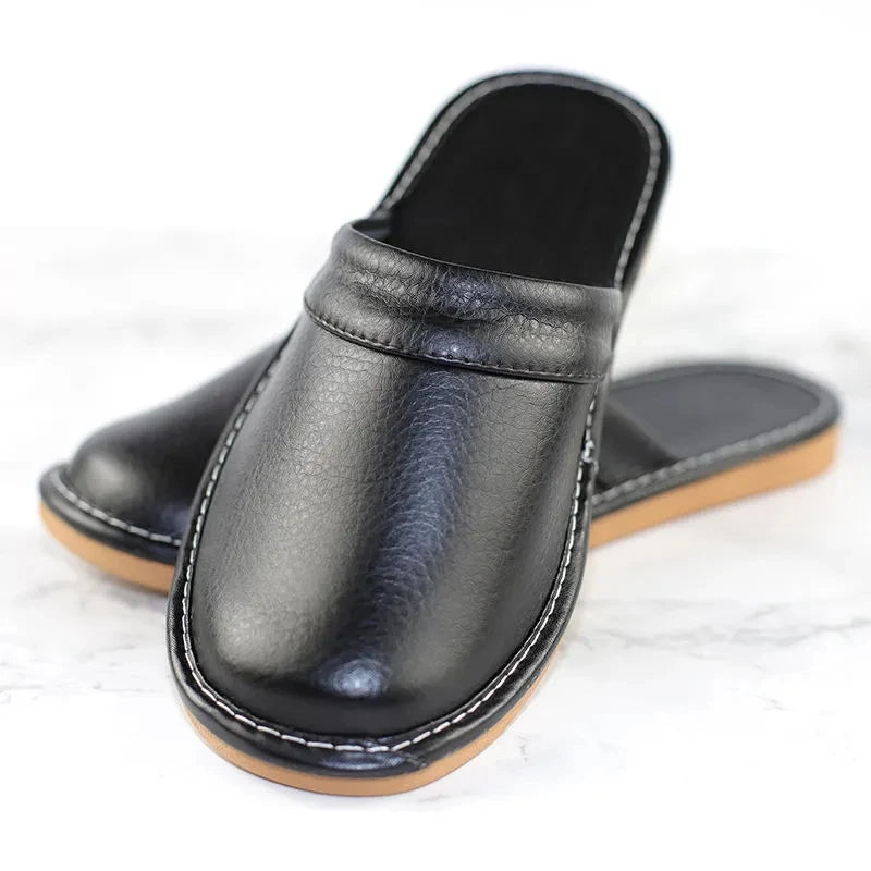 Classic PU Leather Slippers Male Indoor Unisex Shoes Men 2021 Fashion Man Leather Shoes Home Slippers Waterproof Man House Shoes - Sun Studio