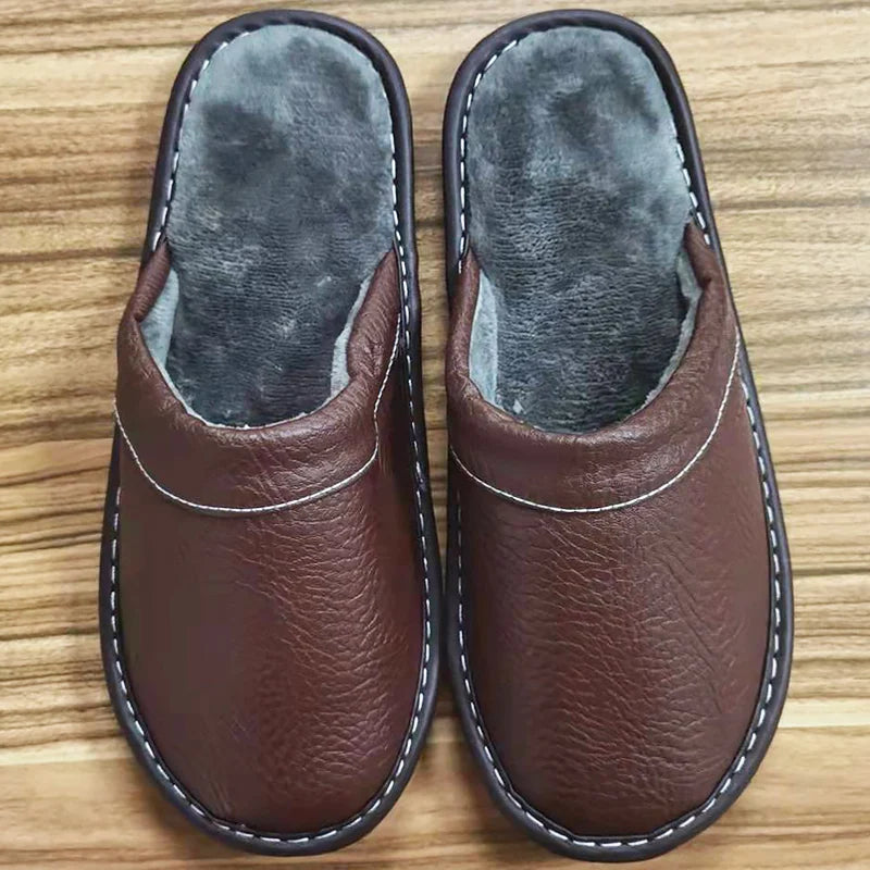 Classic PU Leather Slippers Male Indoor Unisex Shoes Men 2021 Fashion Man Leather Shoes Home Slippers Waterproof Man House Shoes - Sun Studio