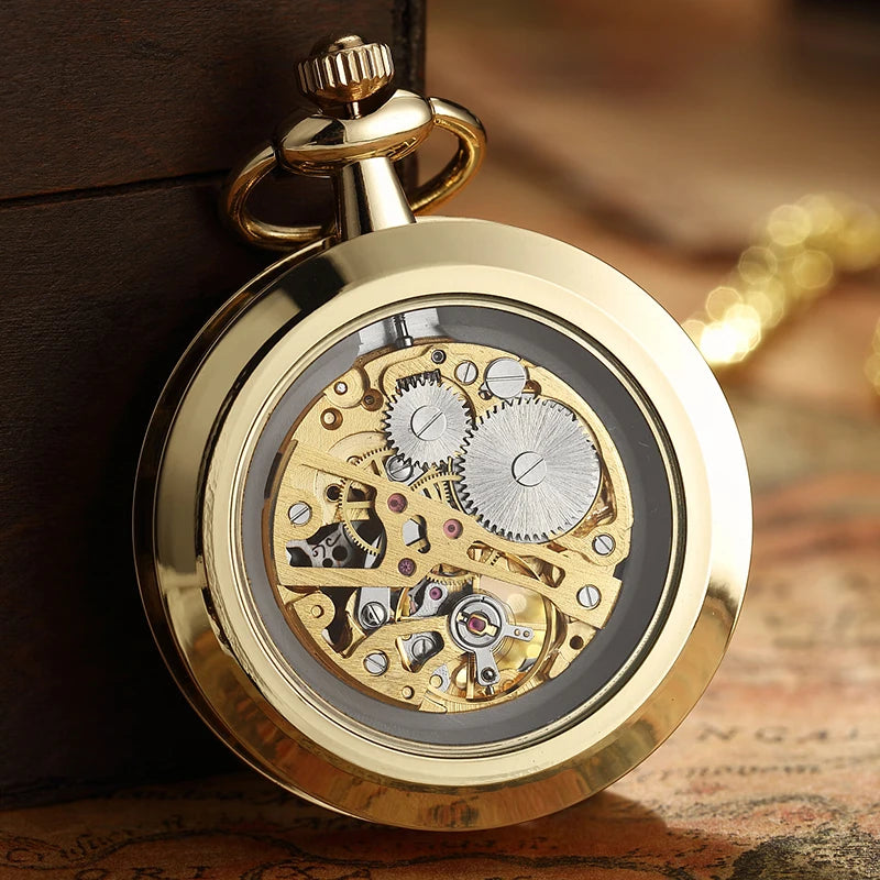 Vintage Watch Necklace Steampunk Skeleton Mechanical Fob Chain Pocket Watches Roman Number Clock Pendant Hand-winding Men Women - Sun Studio