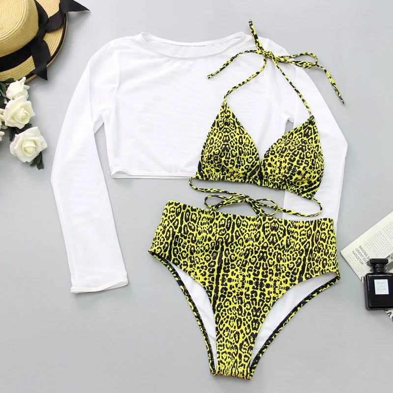 2024 Neon Yellow Crop Top Swimwear Women Summer Sexy Beachwear Mesh Long Sleeve Cover Ups Top Three Piece Swimsuit Bikini Set - Sun Studio