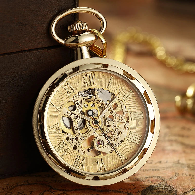 Vintage Watch Necklace Steampunk Skeleton Mechanical Fob Chain Pocket Watches Roman Number Clock Pendant Hand-winding Men Women - Sun Studio