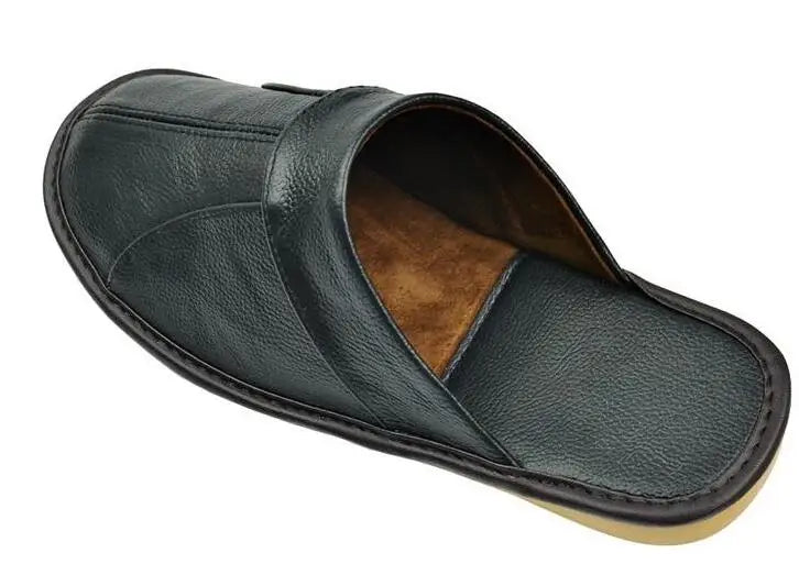Men's Luxury Cow Split Leather Handmade Men Home Slippers Spring Slip on Soft Comfortable Black Brown Bedroom Indoor Flat Shoes - Sun Studio