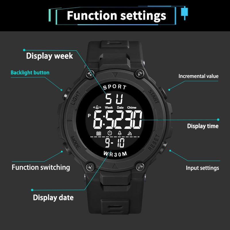 Men's Sports Watches Luxury Digital Watch Stopwatch Luminous Date Week Multifunction Fitness Electronic Wristwatch Reloj Hombre - Sun Studio