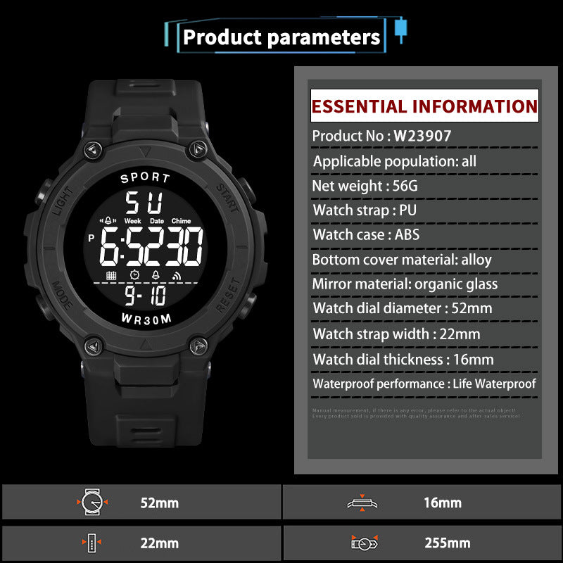 Men's Sports Watches Luxury Digital Watch Stopwatch Luminous Date Week Multifunction Fitness Electronic Wristwatch Reloj Hombre - Sun Studio