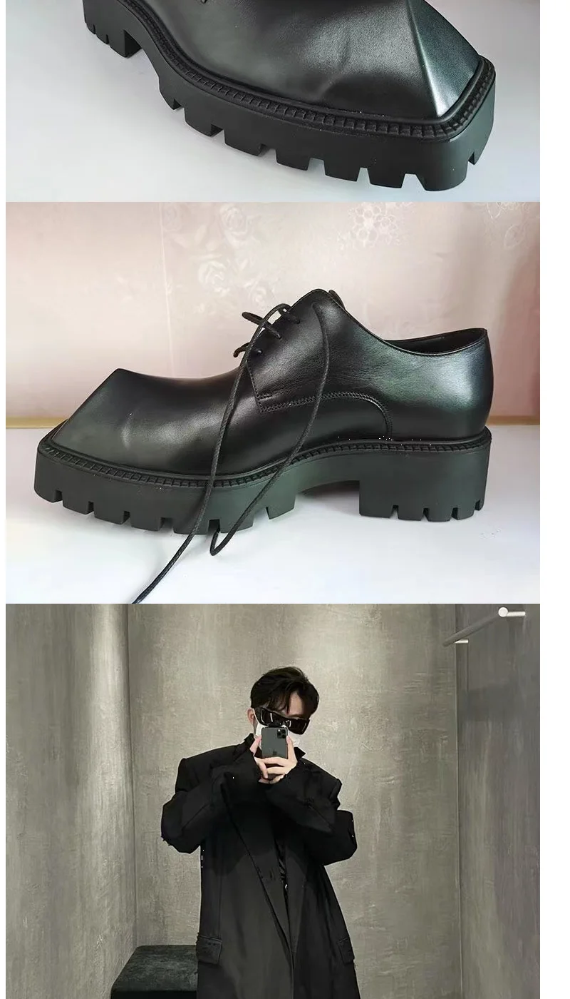 2025 Men's Big Head Leather Niche Design Casual Platform Rhino Horn Square Single Sneakers Derby Shoes - Sun Studio