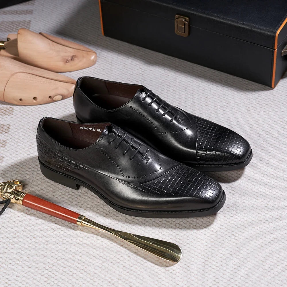 Men's Genuine Leather Oxfords Fashion Pointed Toe Wedding Party Dress Shoes Luxury Lace-Up Office Career Formal - Sun Studio