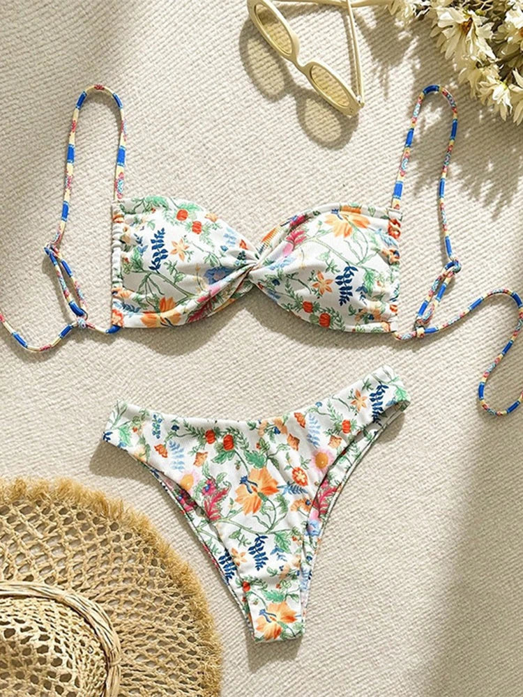 Circyy Printed Swimsuit Women Backless Lace Up Beachwear Fashion Hot Spring Swimwear Summer New Two-piece Sexy Split Swimsuit - Sun Studio