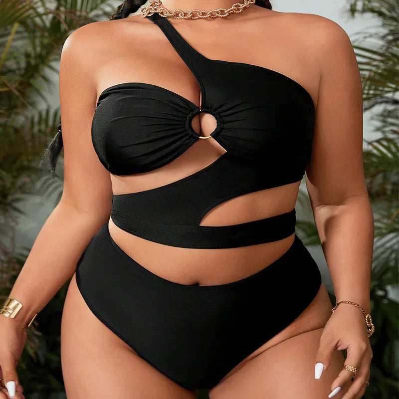 2024 Plus Size Swimwear One Shoulder Cut Out Black Sexy Women's Swimsuit Curvy Female Bikini Sets - Sun Studio