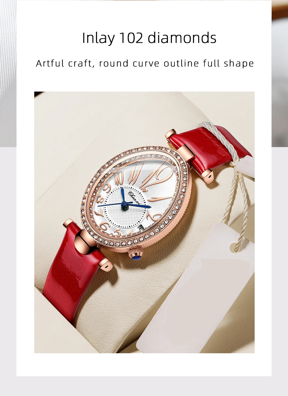 Luxury Watch For Women Diamond Waterproof Quartz Ladies Watches Fashion Elegant Oval Calendar Wristwatche Leather Strap - Sun Studio
