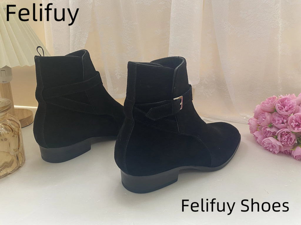 Black Pointed Toe Buckle Strap Ankle Boots Grey Men Hombre Genuine Leather Men Motorcycle Boots For Men Work High Top Men Shoes - Sun Studio