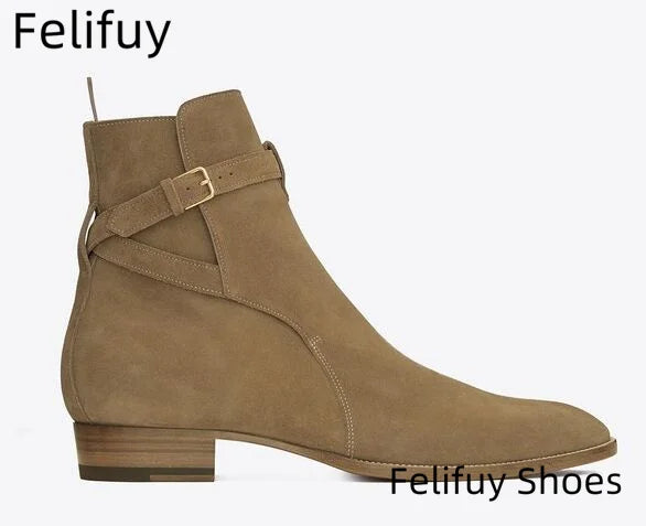 Black Pointed Toe Buckle Strap Ankle Boots Grey Men Hombre Genuine Leather Men Motorcycle Boots For Men Work High Top Men Shoes - Sun Studio