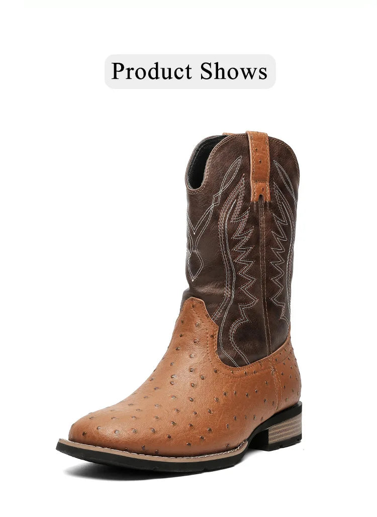 Men's Classic Retro Western Cowboy Boots Embossed Leather Mens Fashion Embroidery Mid-Calf Boot High top Casual Shoes for Men - Sun Studio