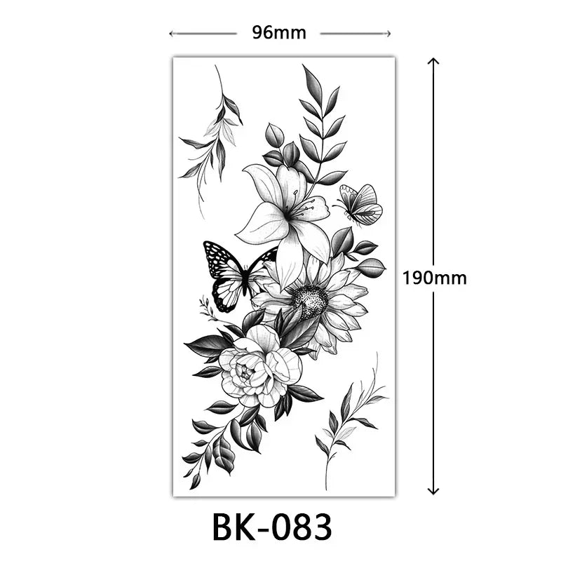 Rose Blossom Tattoo Temporary Waterproof Butterfly Fake Tattoo for Woman Black Flower Sketch Tattoo Sticker