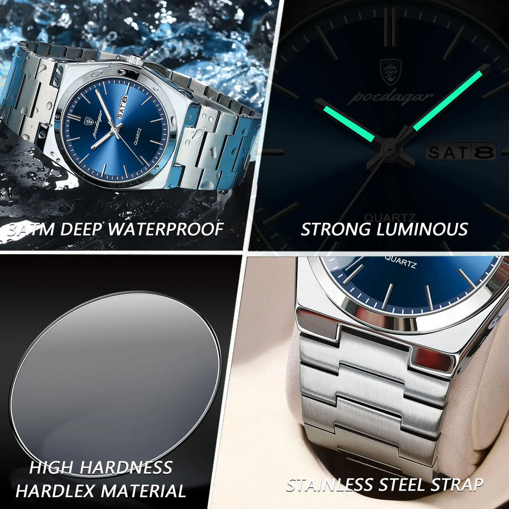 POEDAGAR Luxury Watch For Man Waterproof Luminous Date Week Stainless Steel Men Watch Casual Quartz Men's Watches Male Clock+box - Sun Studio