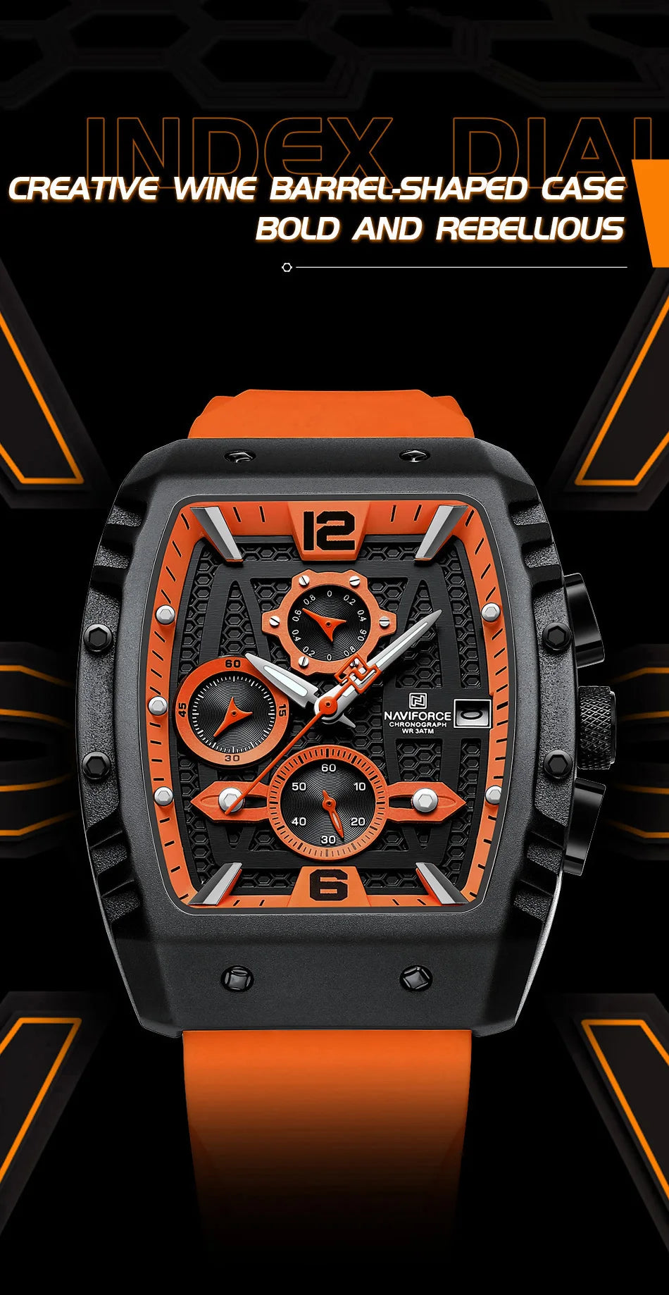 NAVIFORCE Creative Barrel-Shaped Dial Men Watches Fumed Silica Strap Waterproof Quartz Chronograph Date Display Male Wrist Watch - Sun Studio