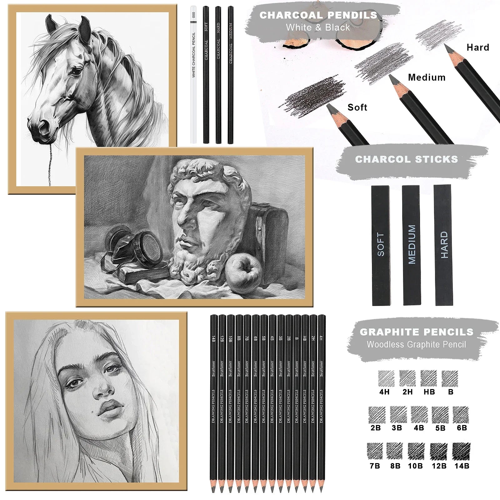 14/18/29/38/44/64 PCS Drawing Set Sketching Kit,Sketch Pencils Art Supplies with Graphite,Charcoal,Blending Tools & Accessories - Sun Studio
