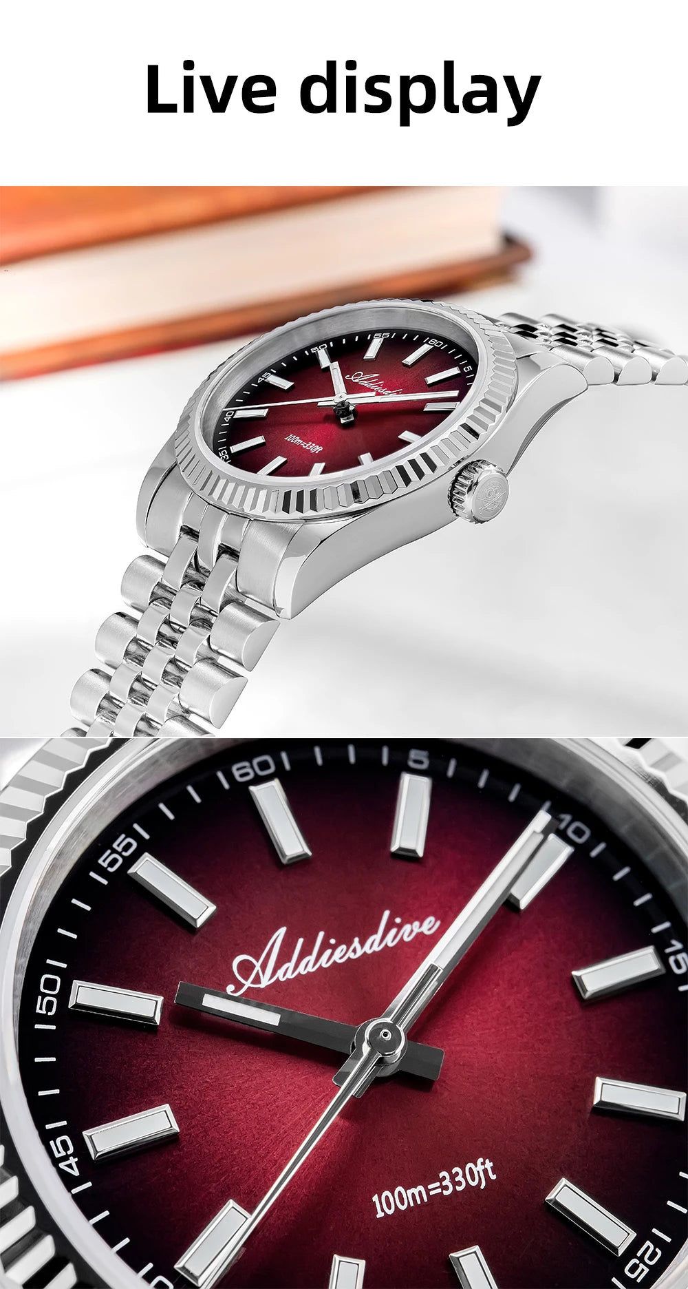 ADDIESDIVE AD2073 Men's Business Watch Sapphire Glass Stainless Steel Quartz Wristwatches Gradient Red Dial Watches Reloj Hombre - Sun Studio