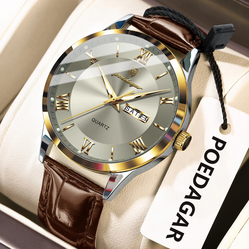POEDAGAR Classic Luxury Men's Wristwatch Date Week Leather Business Man Watch Waterproof Luminous Fashion Quartz Watches For Men - Sun Studio
