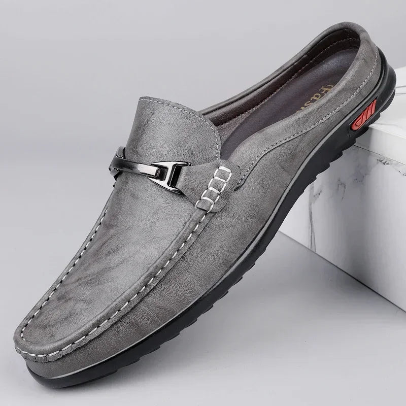 Luxury Men Genuine Leather Shoes Casual Business Men Slip-on Shoe All-Match Half Slippers Loafers Summer Handmade Flats Slippers - Sun Studio