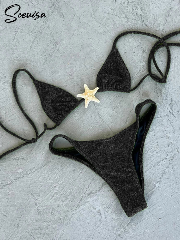 2024 New Sexy Low Waisted Bikini Set Swimsuit Starfish Swimwear Women Solid Strappy Beachwear Bathing Suits Brazilian biquini - Sun Studio