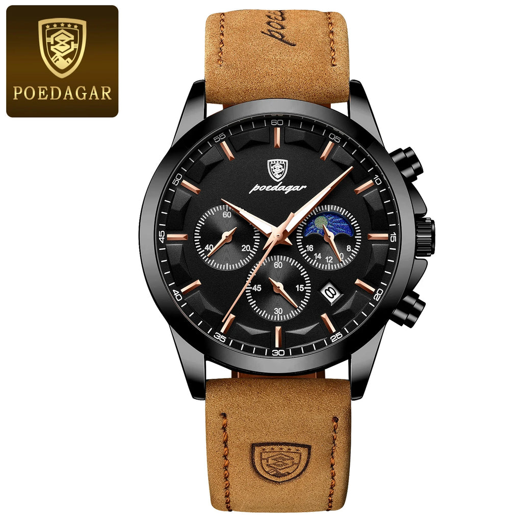 POEDAGAR Original Military Men Clock Waterproof Luminous Leather Quartz Man Watch Chronograph Date Luxury Business Men's Watches - Sun Studio