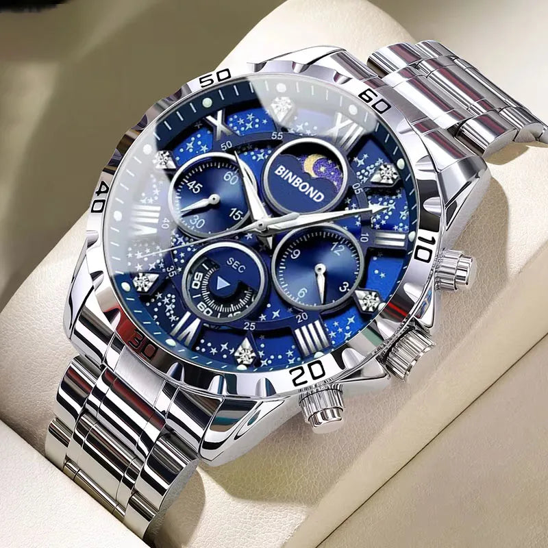 BINBOND Luxury Fashion Men Watches Multi-functional Stainless Steel Original Quartz Wristwatch Moon Phase Chronograph Waterproof - Sun Studio