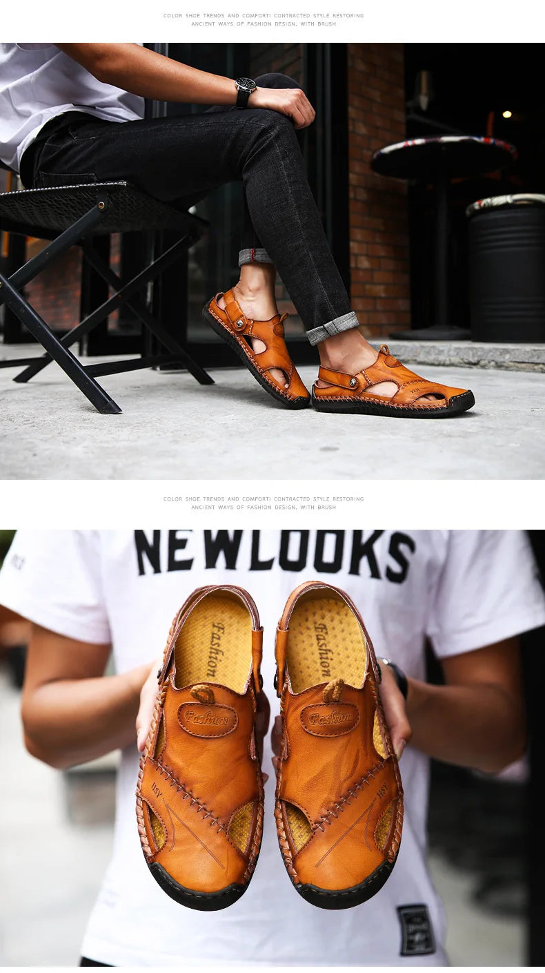 Large Size Men's Sandals Casual Leather Beach Shoes Breathable Slip-On Durable Stitched Construction Comfortable Walking Sandals - Sun Studio