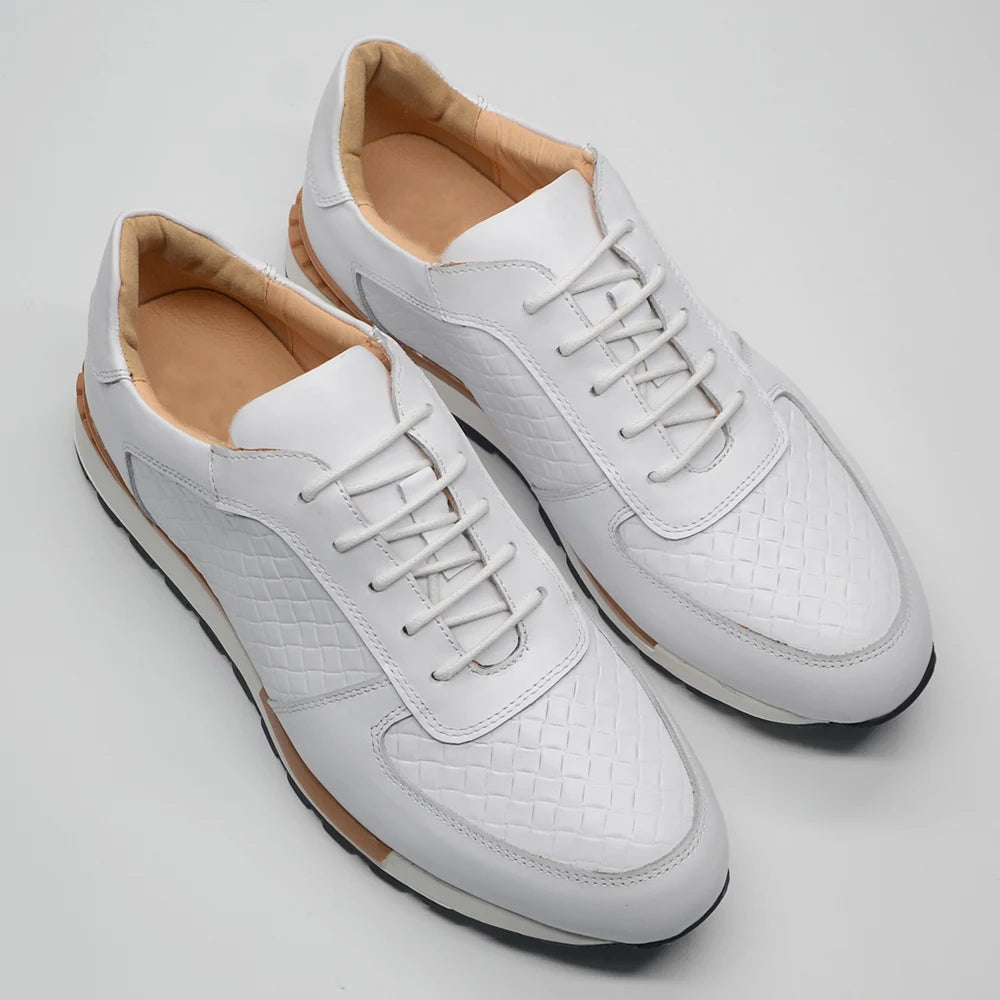 4 Colors Genuine Leather Man Luxury Sneakers Plaid Weave Pattern Lace-up Men Casual White Oxford Shoes Deals Spring Autumn 2024