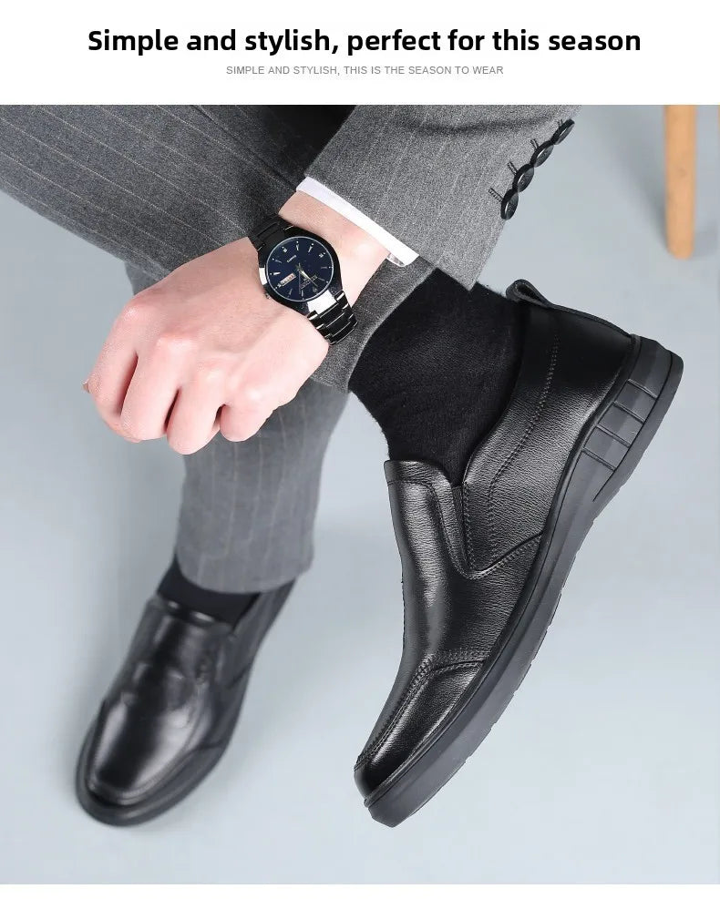 Pure Black Casual Men's Shoes Slip-On Driving Soft Bottom Anti-Slip Leather Shoes Breathable round Toe Flat Heel PVC Outsole - Sun Studio